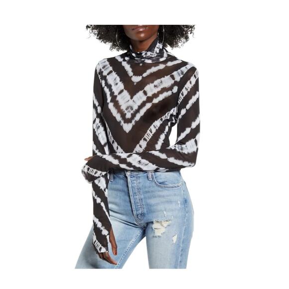 AFRM Women's Zadie Mesh Top Abstract Chevron Black & White Turtleneck Size XS - Picture 1 of 5